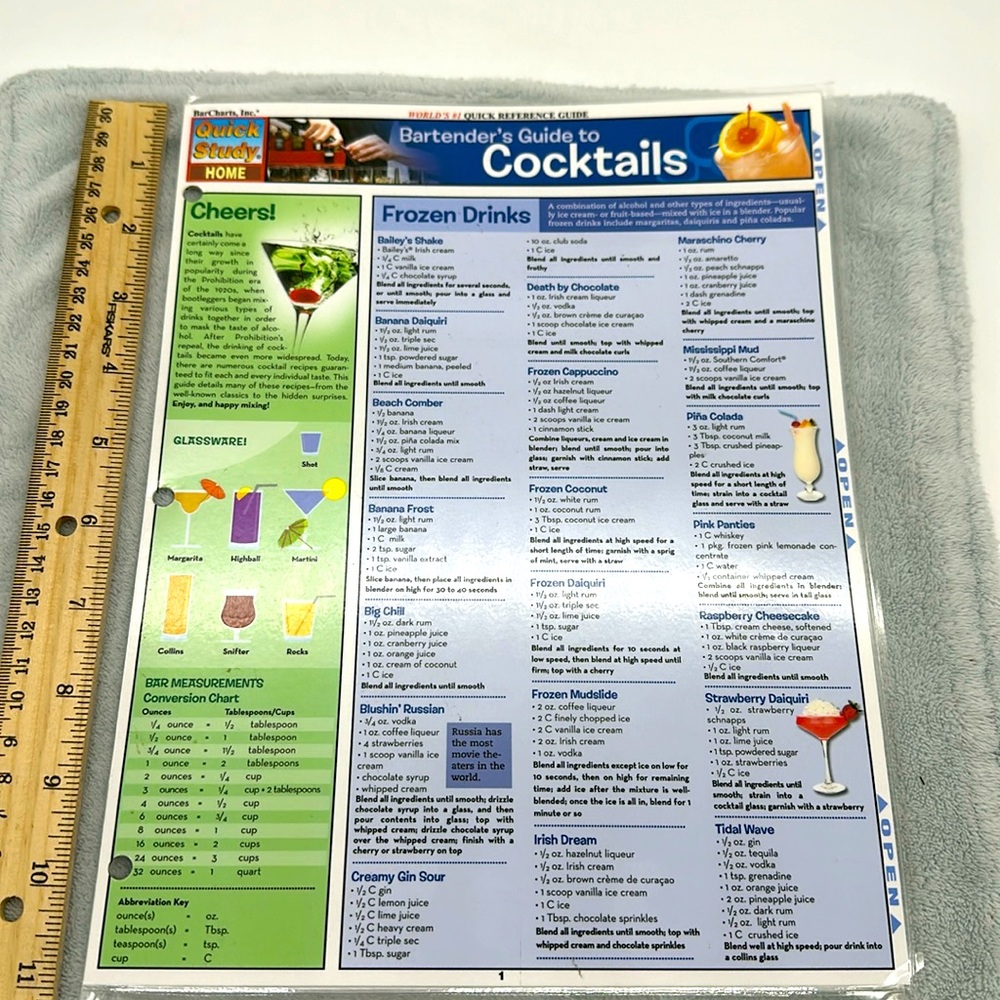 Bartenders Guide To Cocktails-Quick Study/Guide for Home